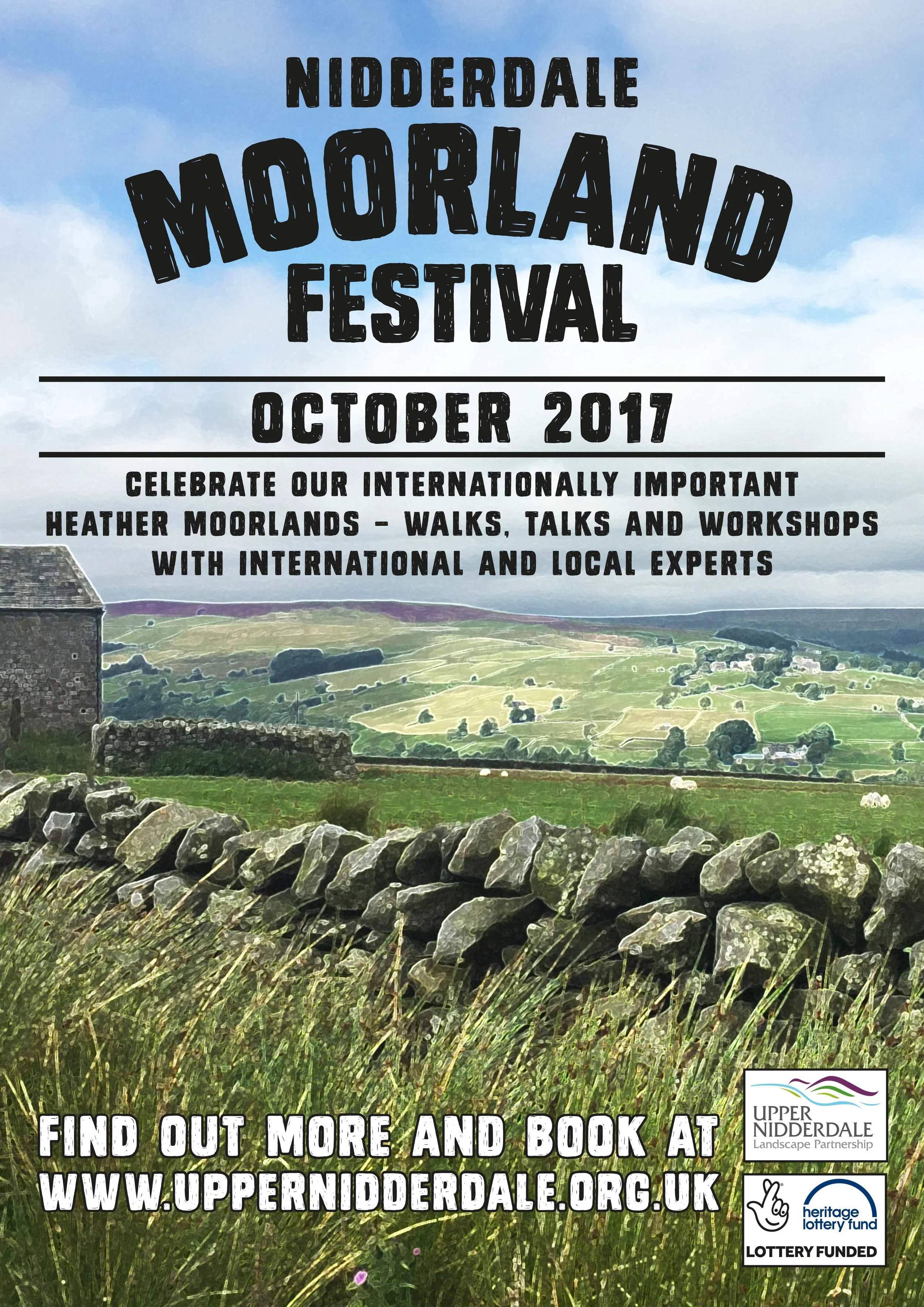 Poster design with text on landscape image and drystone wall in foreground