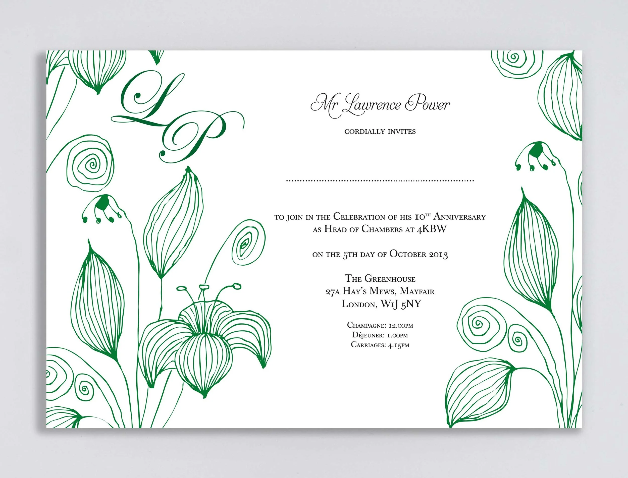 Front of formal corporate invitation featuring green line drawings of flowers and invitation wording
