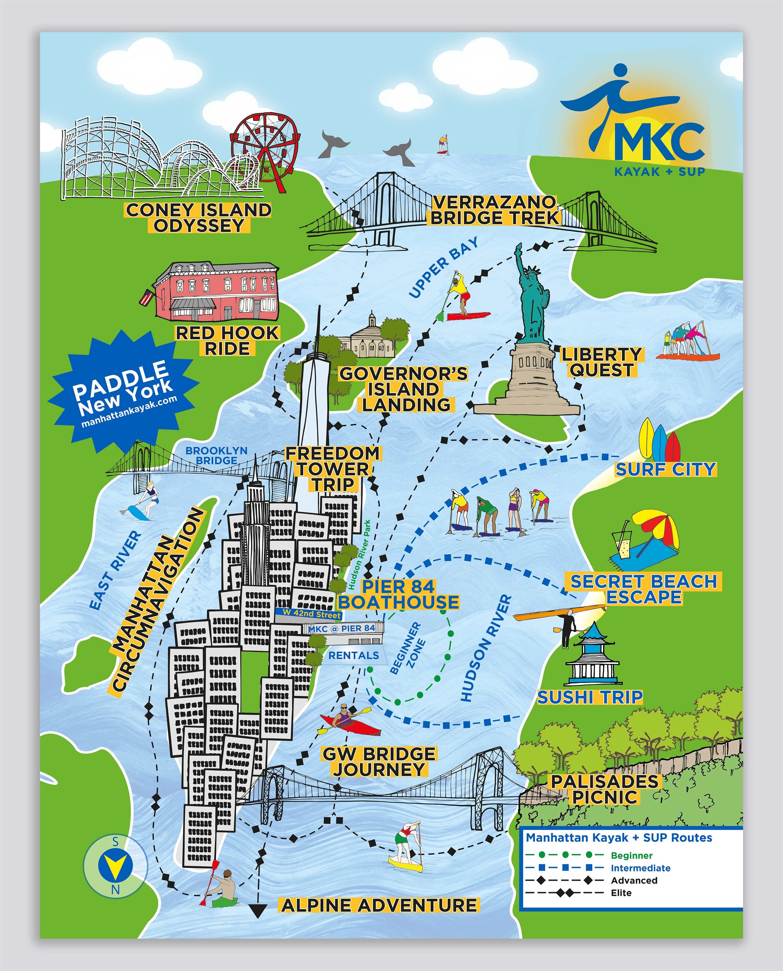 Map poster showing Manhattan kayak and stand up paddle board routes offered but the Manhattan Kayak Club in New York
