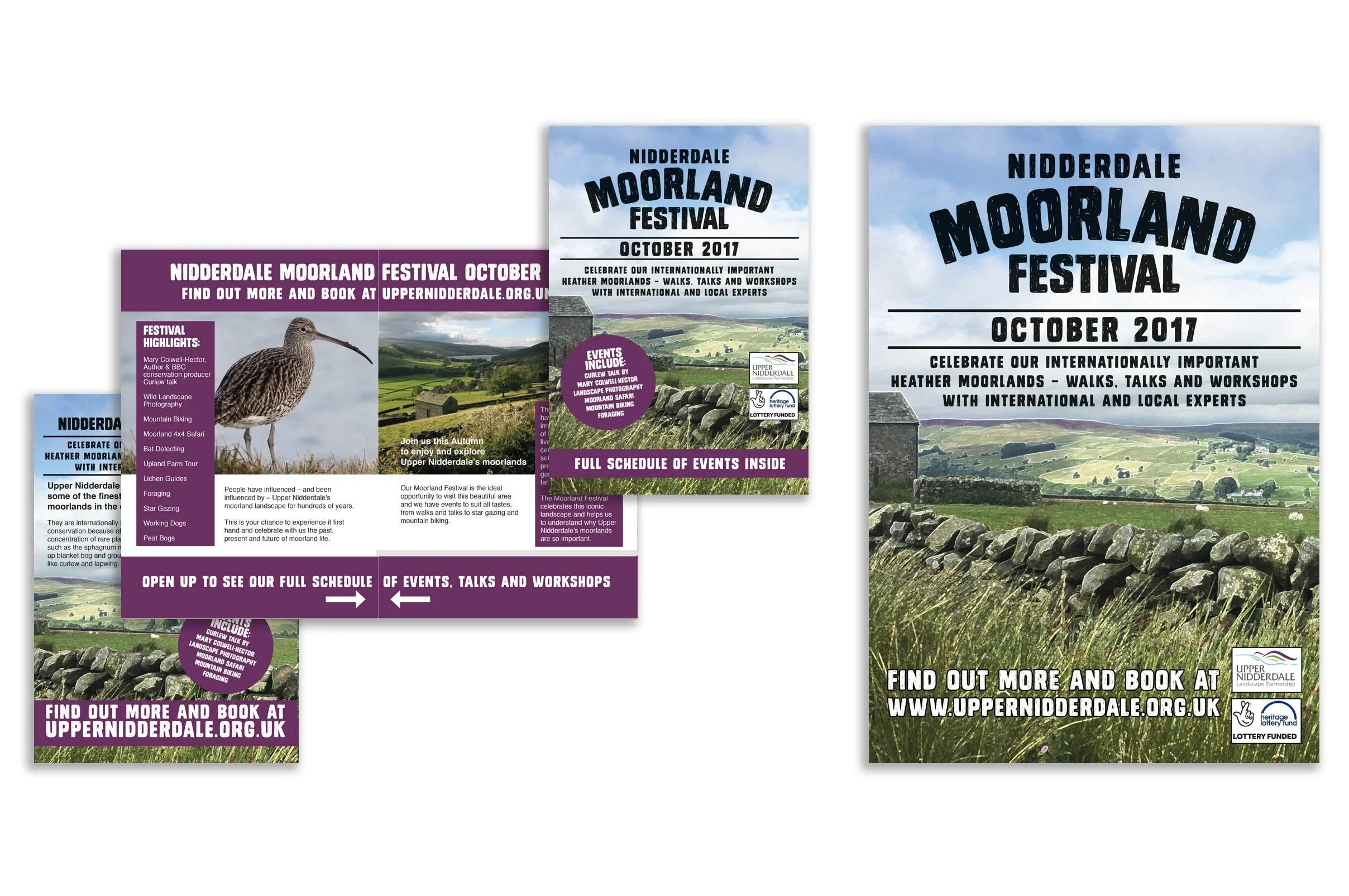 Flyer for the Nidderdale Moorland Festival October 2017 featuring landscape images, a bird with a long beak, and details about events, talks, and workshops.