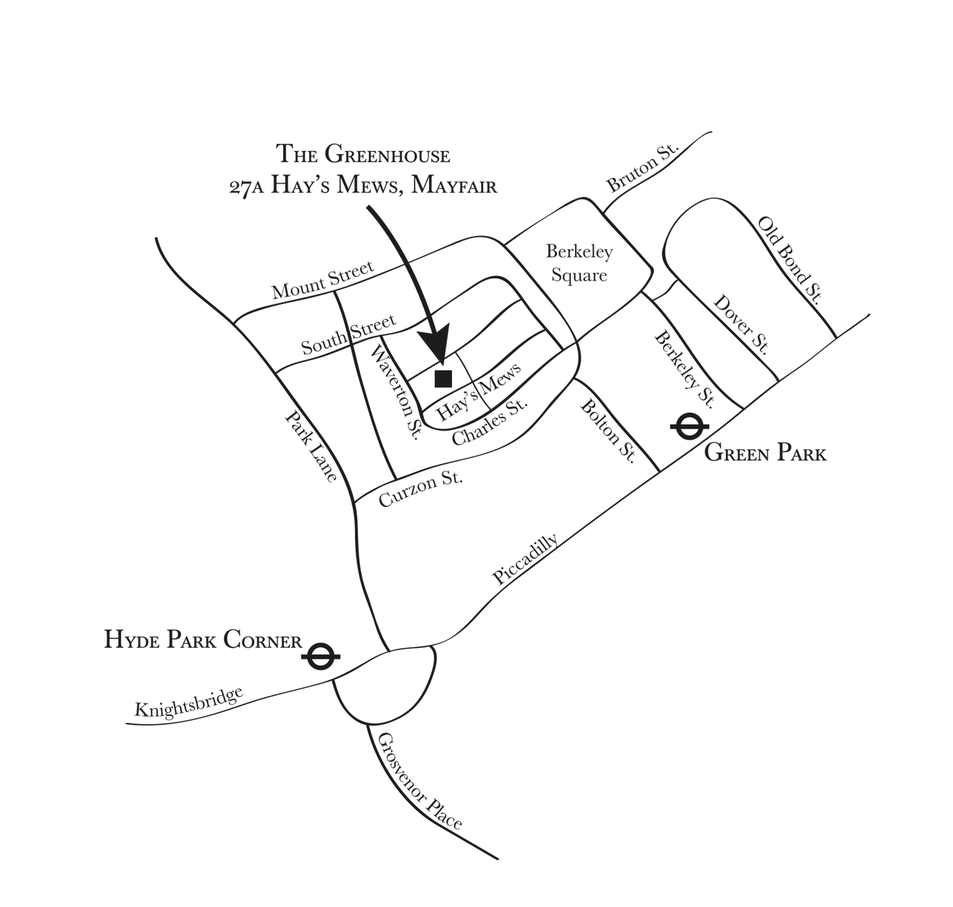 Black line drawing on white background showing the location of a business event in Mayfair and closest tube stations