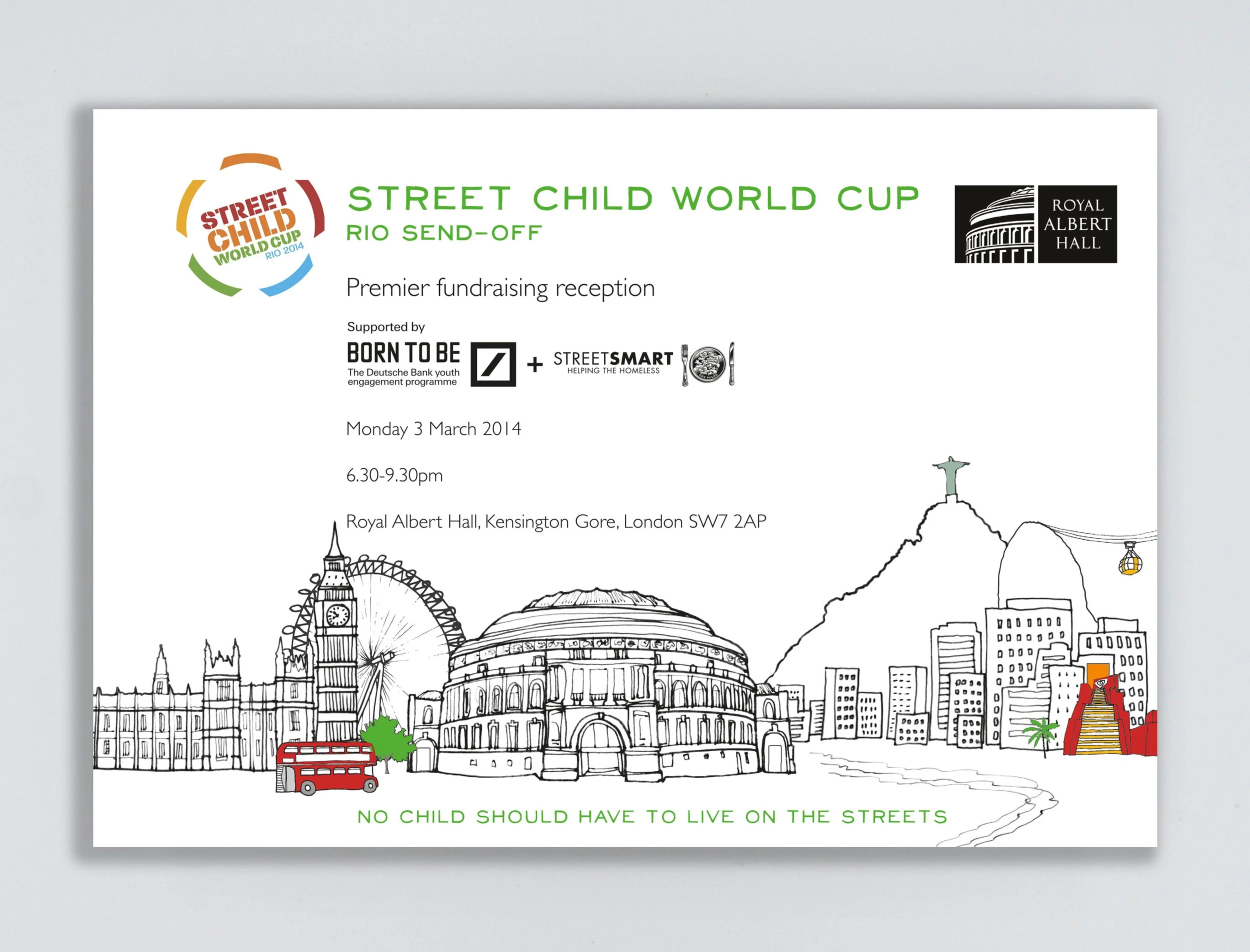 Hand drawn Invitation feature Royal Albert Hall, Big Ben, London Eye and Rio landmarks with white background on grey backdrop. All drawn in black ink with hints of red (bus in London and steps in Rio). Logos and event wording.