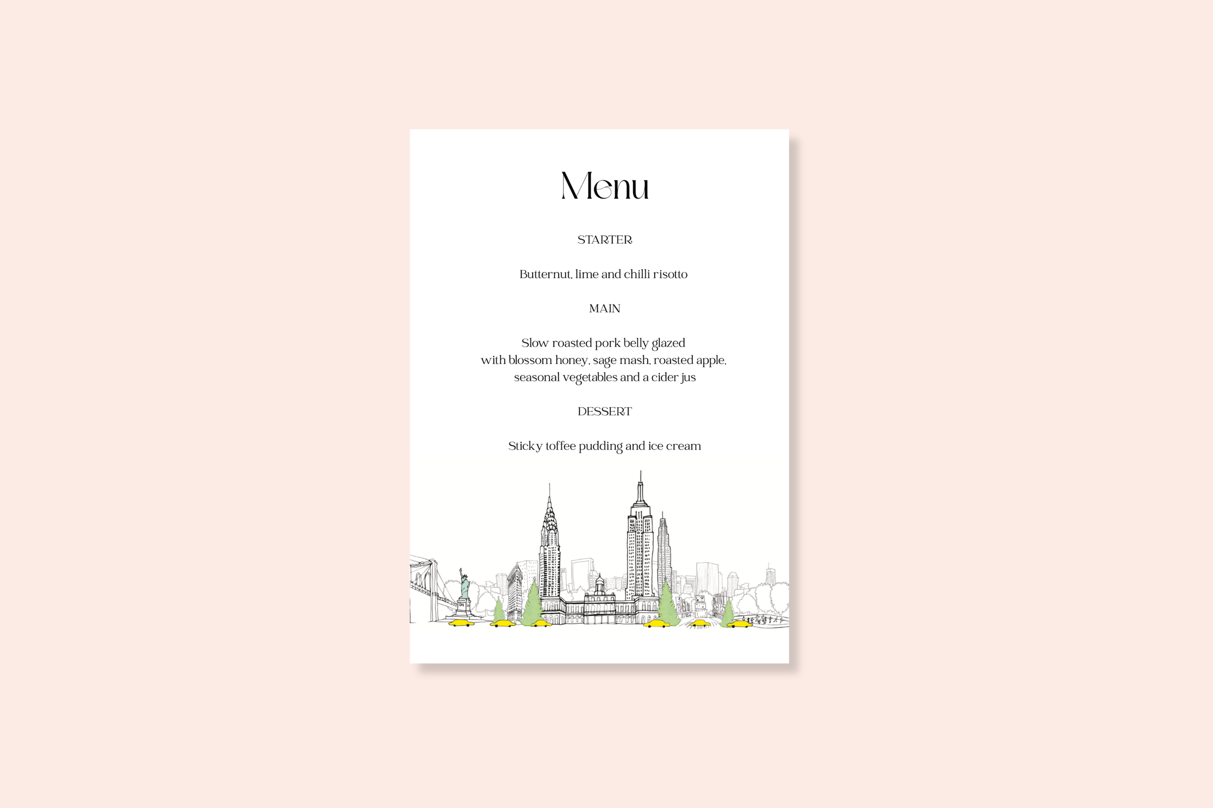 New York Themed Wedding Menu Card