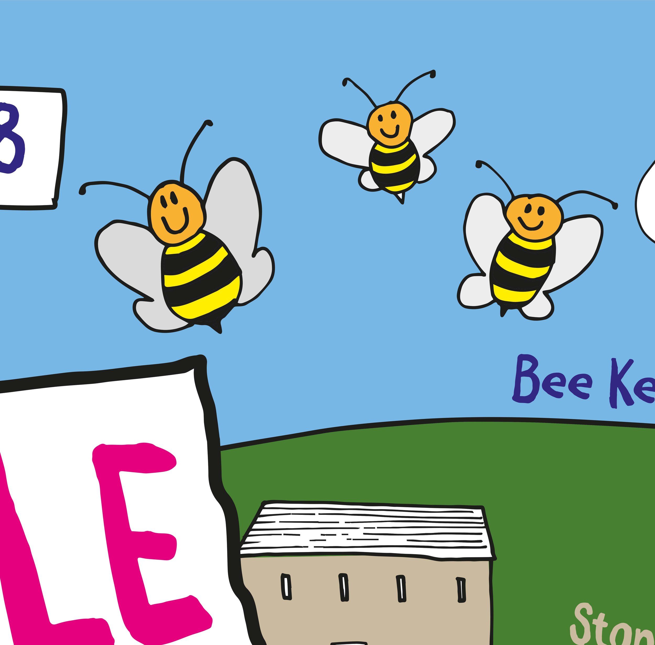 Close up of Nidderdale in City banner featuring three happy bees in a blue sky