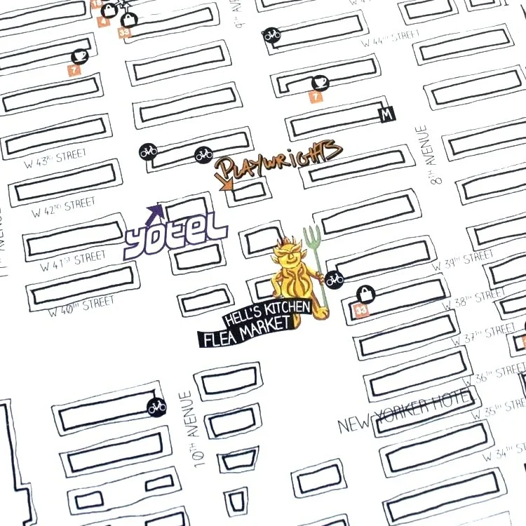 Map of a neighborhood with labeled streets and icons representing various shops and services. Highlights include 'Playwrights,' 'Yodel,' and 'Hell's Kitchen Flea Market' locations, with illustrations of a yellow goblin-like figure holding a pitchfork.