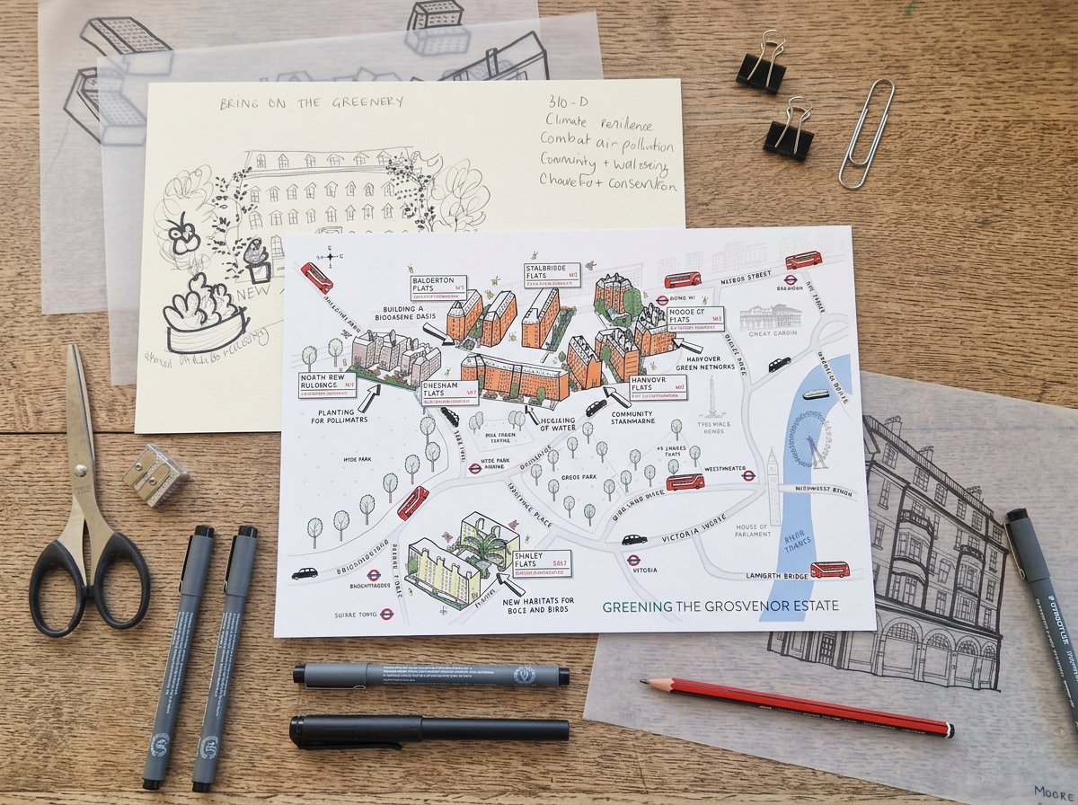 A detailed plan of the Grovenor estate with labeled streets and buildings, including flats, parks, and landmarks, surrounded by sketches of buildings and trees, along with drawing supplies like pens, scissors, and paper clips on a wooden desk.
