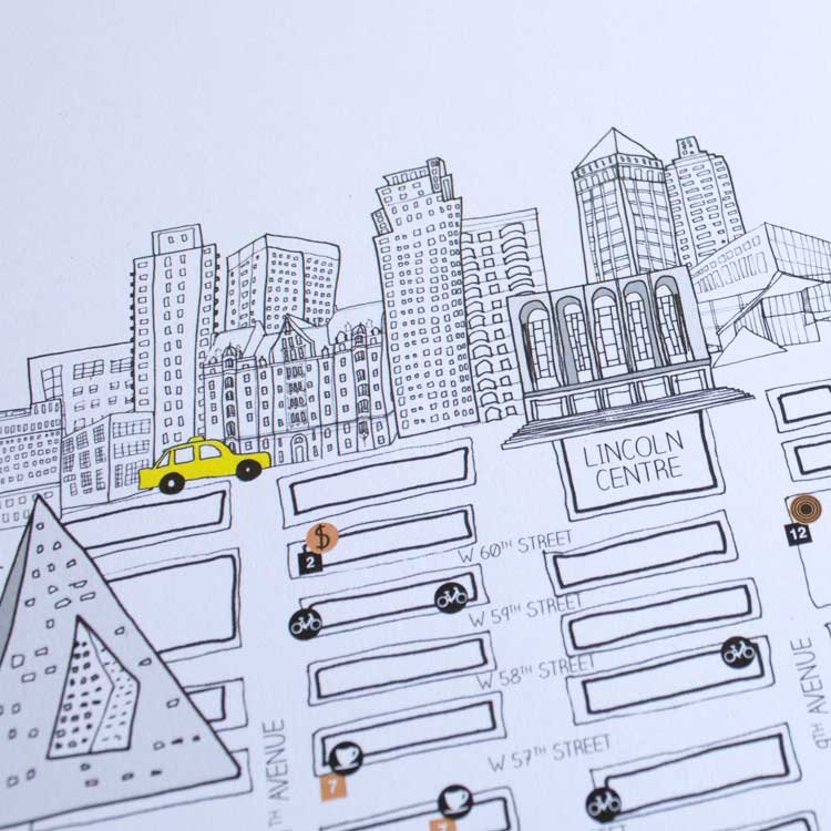 A black and white hand-drawn city map with buildings, streets, and landmarks, featuring a yellow car and icons of bicycles, bicycles, a pedestrian, and landmarks.