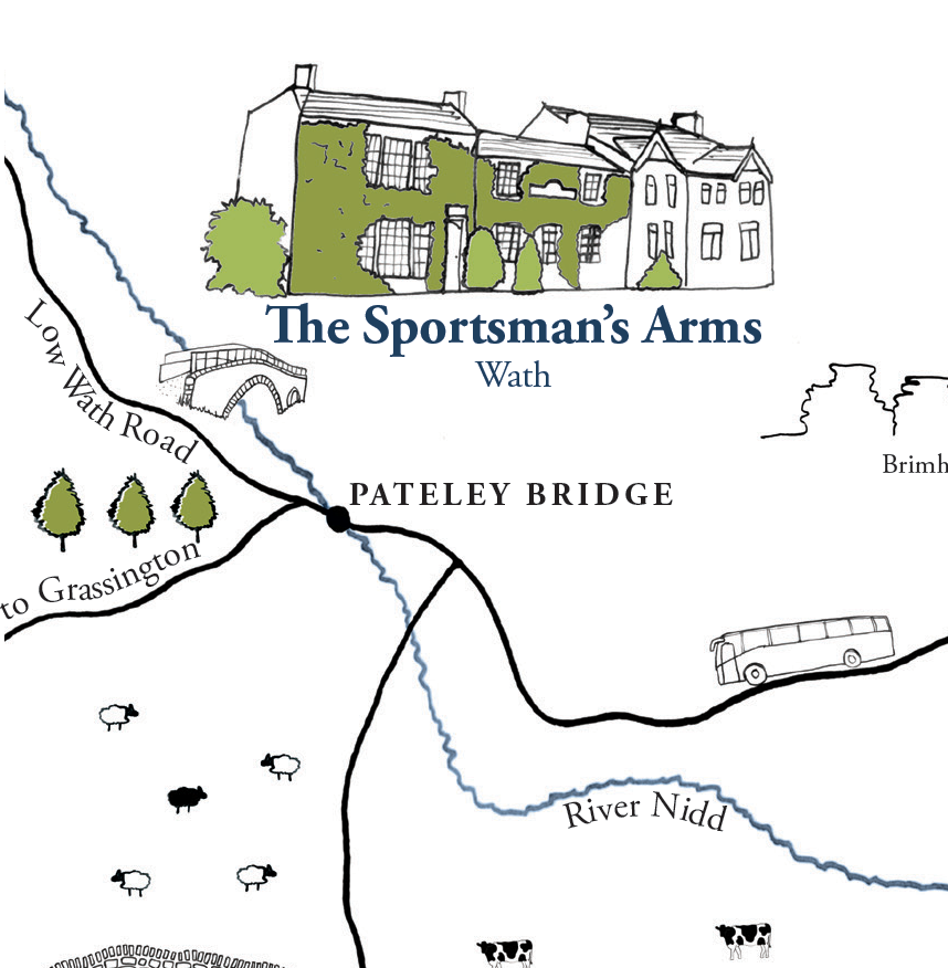 A hand-drawn map highlighting The Sportsman's Arms in Wath, with a bridge, a river, trees, and a bus, featuring a sketch of a house with ivy.