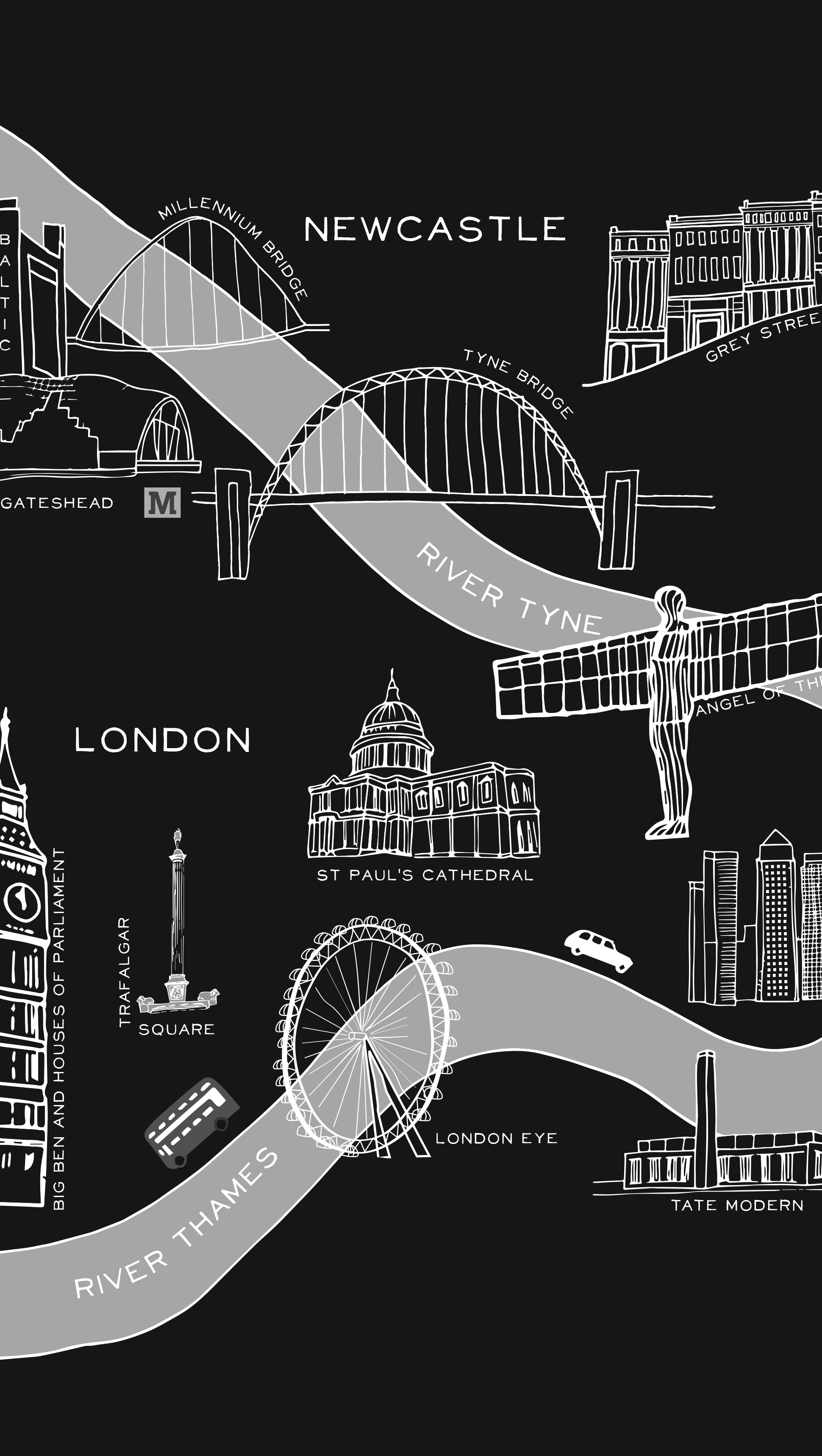 Illustration showing landmarks of Newcastle and London in a map style format. Black background and white/grey lines.