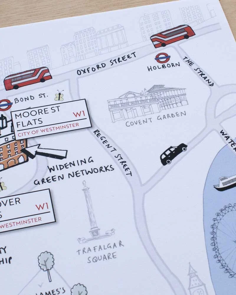 Map depicting streets and landmarks in Westminster, London, including Bond Street, Oxford Street, Regent Street, Covent Garden, Trafalgar Square, and nearby transportation icons.
