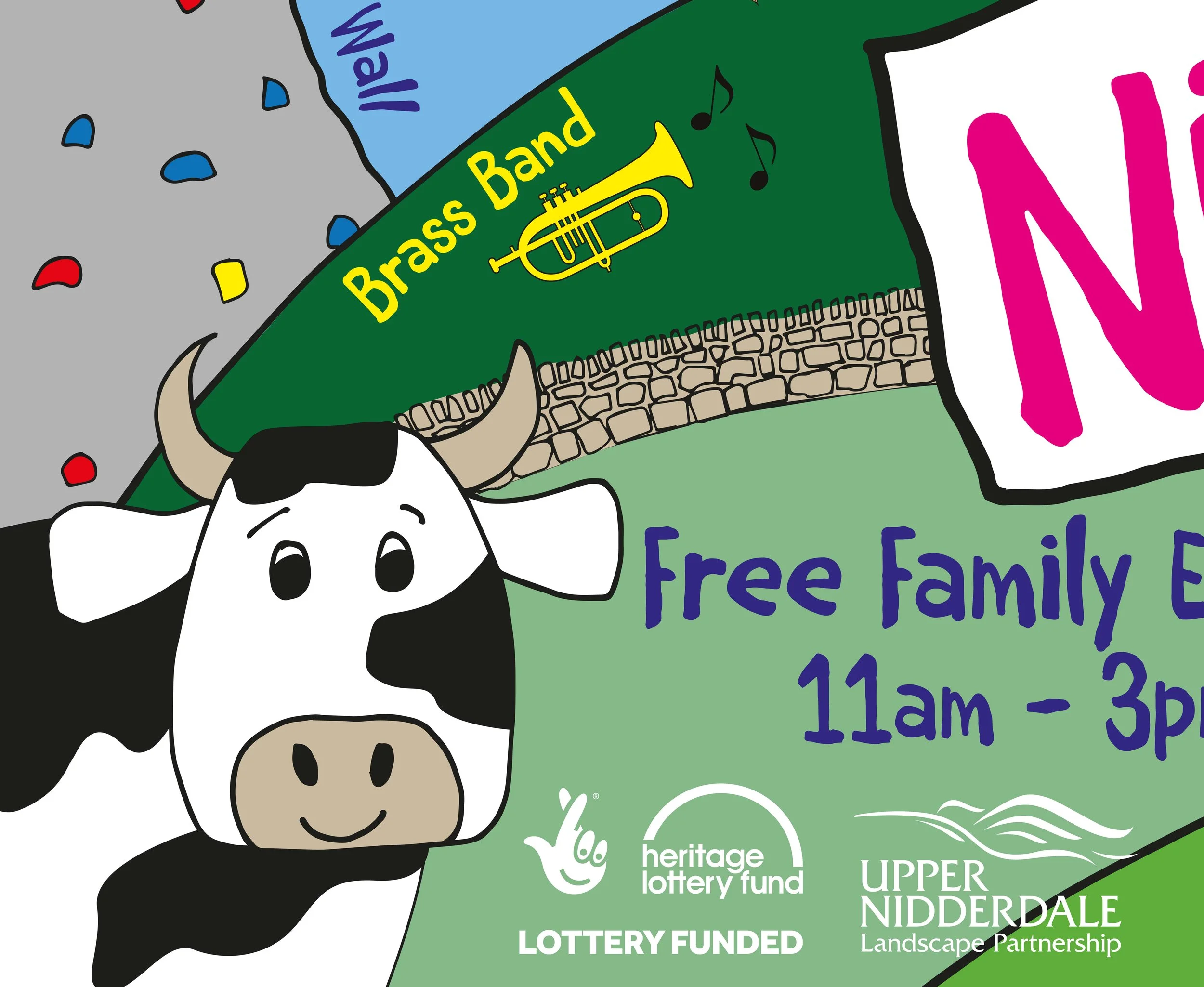 Close up of Nidderdale in City banner featuring a friendly cow and festival logos