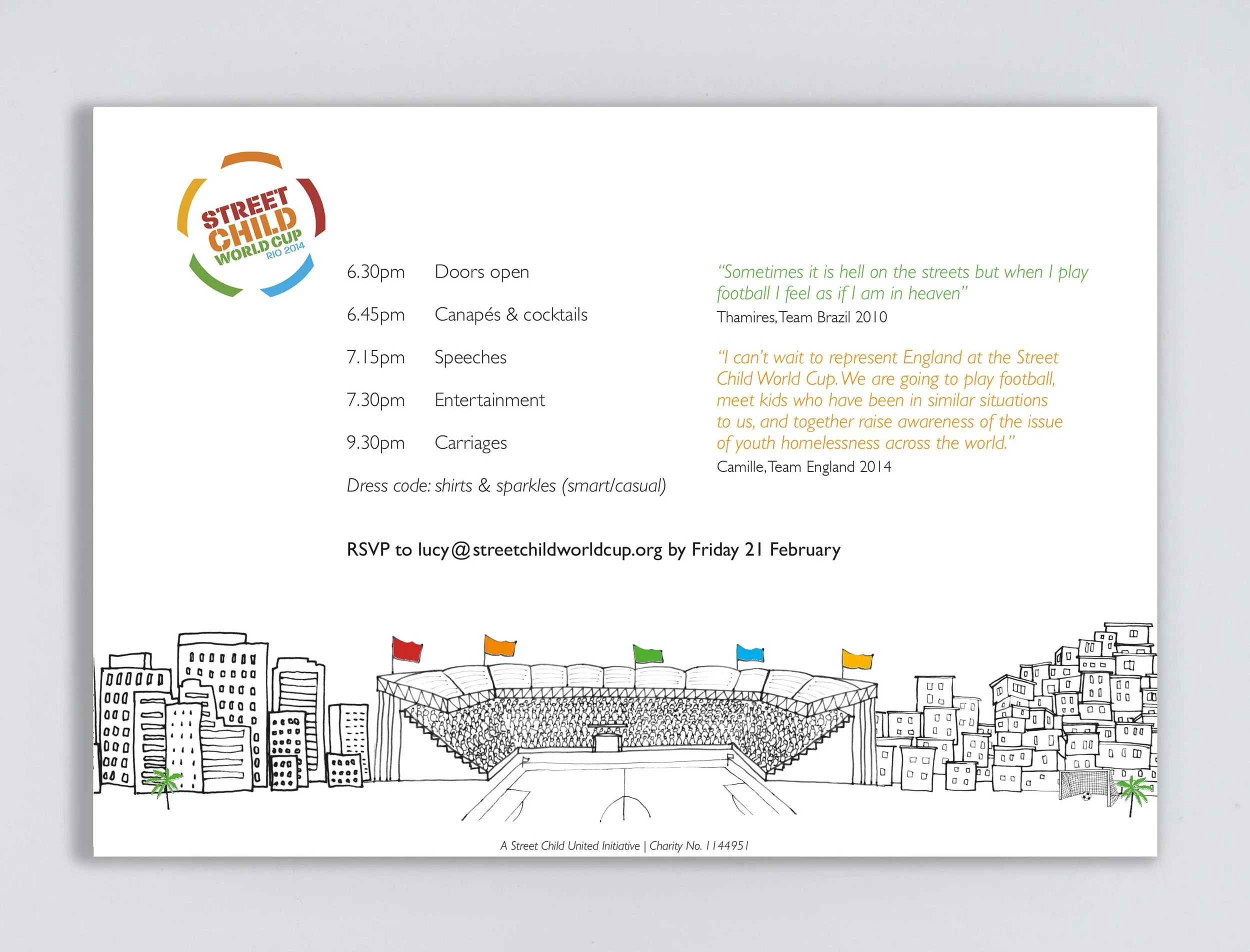 Reverse of invitation featuring event timetable and a hand drawn illustration in black ink depicting London and Rio housing linked by a football stadium