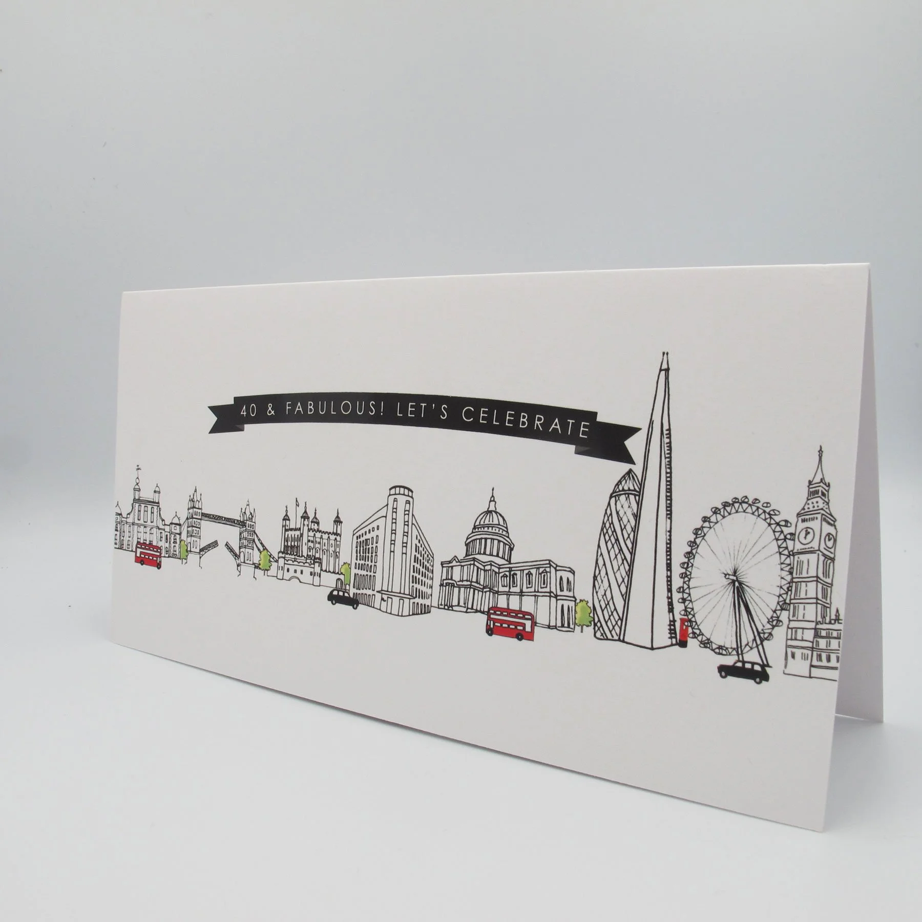 Hand drawn London landmarks including St Pauls cathedral, Gherkin and Big Ben run across the front of the invitation with a banner saying '40 & fabulous! Let's Celebrate' at the top.