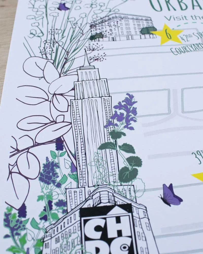 Illustration of a cityscape with tall buildings, surrounded by plants, flowers, and butterflies on a colorful map or brochure.