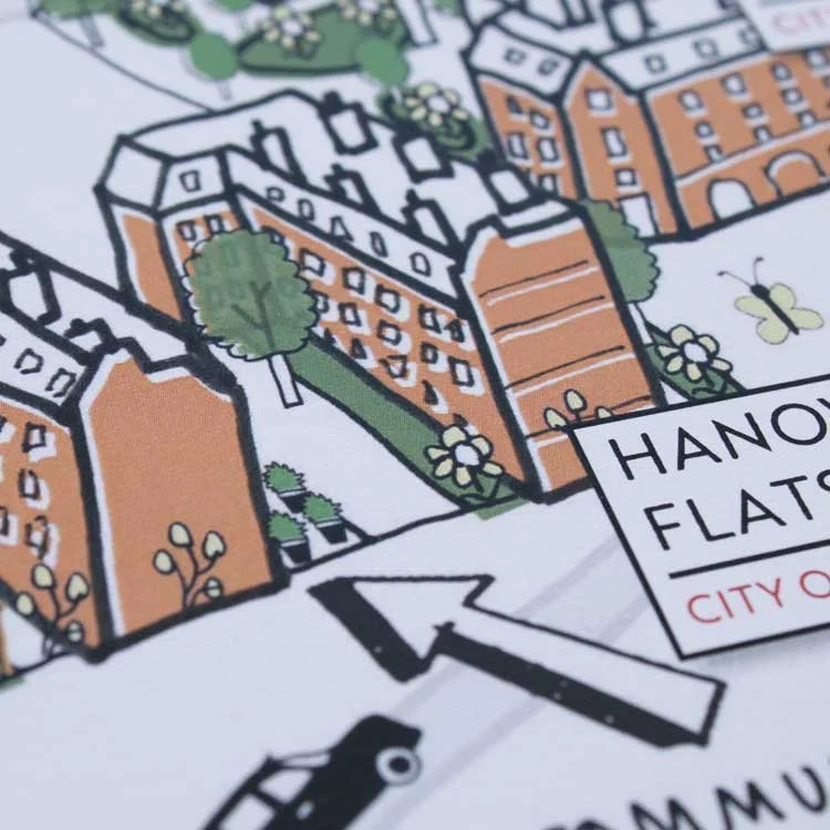 Map of Henderson Flat City with buildings, trees, and a directional arrow pointing to the location.