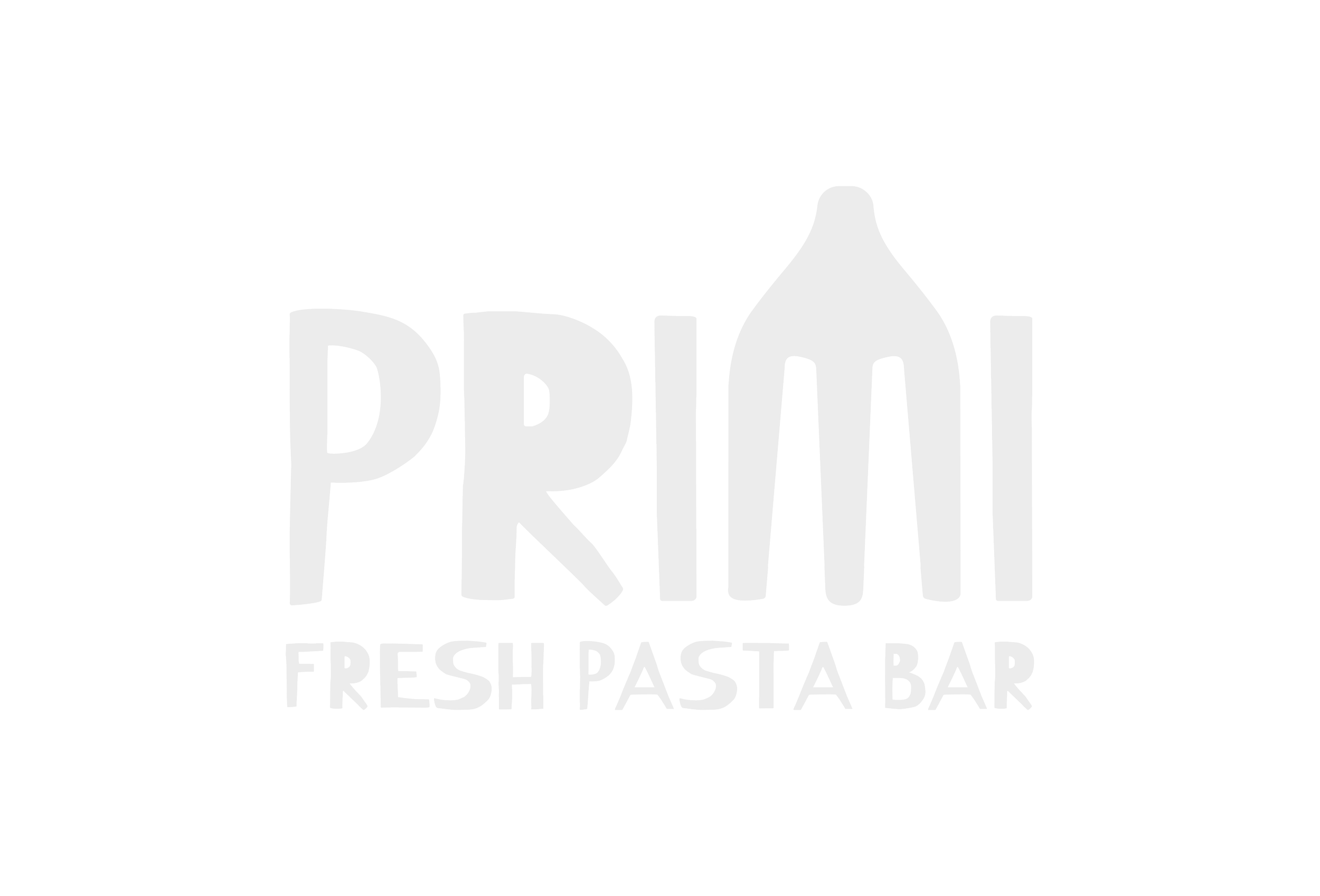 Logo for a restaurant called Primi Fresh Pasta Bar featuring stylized text and a pasta shape.