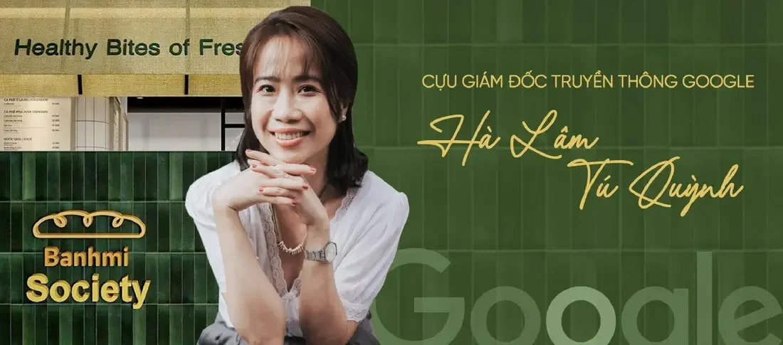A woman in a white blouse smiling with her hands resting on her chin, with a green background and text in Vietnamese and English.