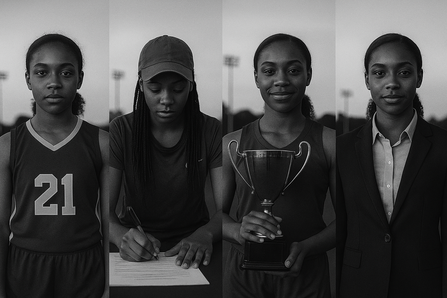 Black and white photo of four women, each representing different roles or accomplishments. The first woman is in a sports jersey, the second is signing a document, the third is holding a trophy, and the fourth is dressed in business attire.