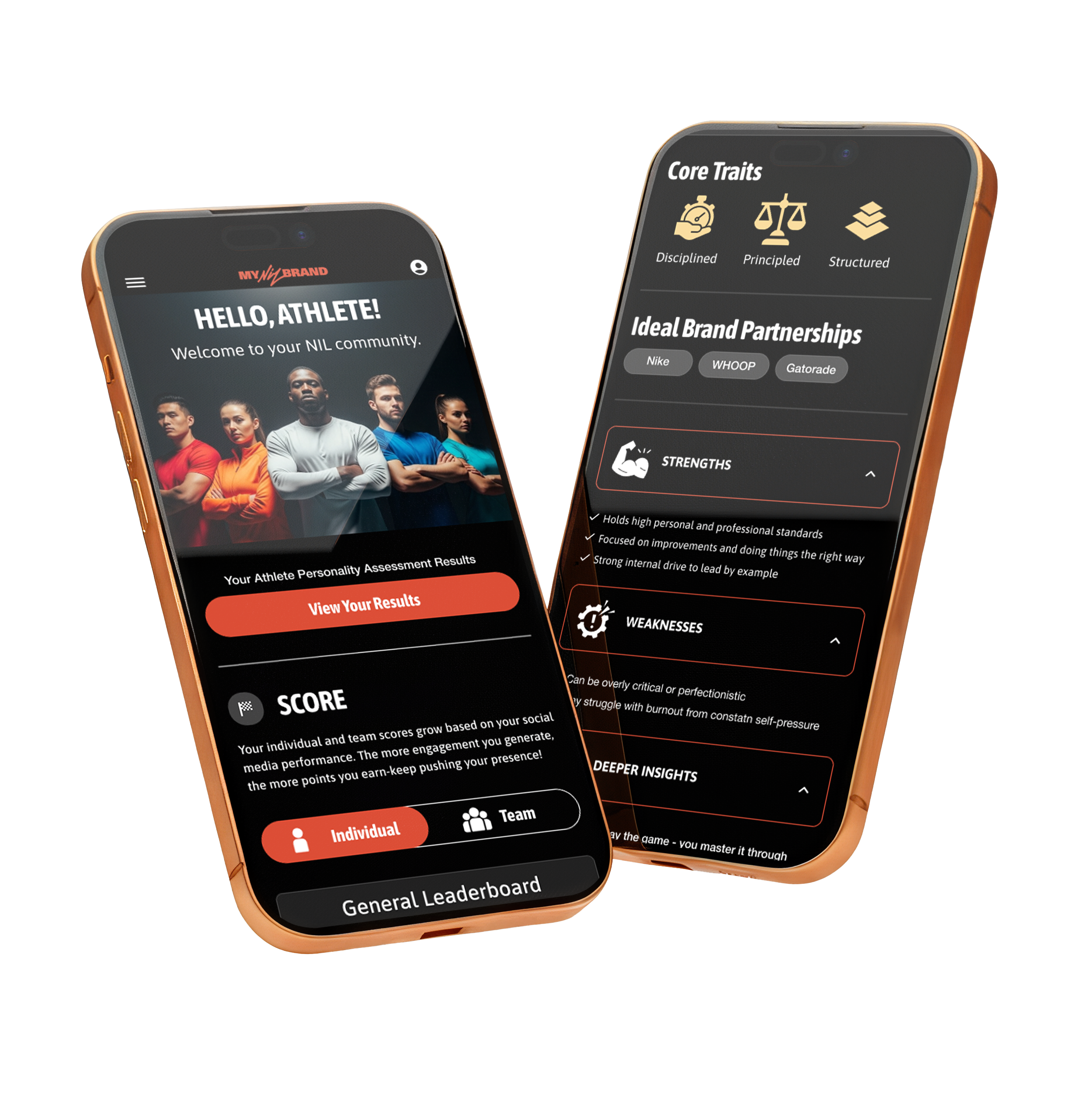 Two smartphones displaying fitness and sports community app screens with athlete profiles, assessments, and brand partnerships.