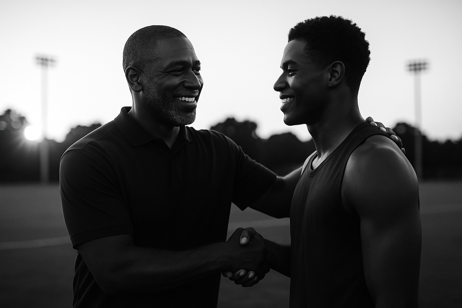 An older man and a young man shake hands and smile at each other on an outdoor sports field during sunset, with stadium lights in the background.