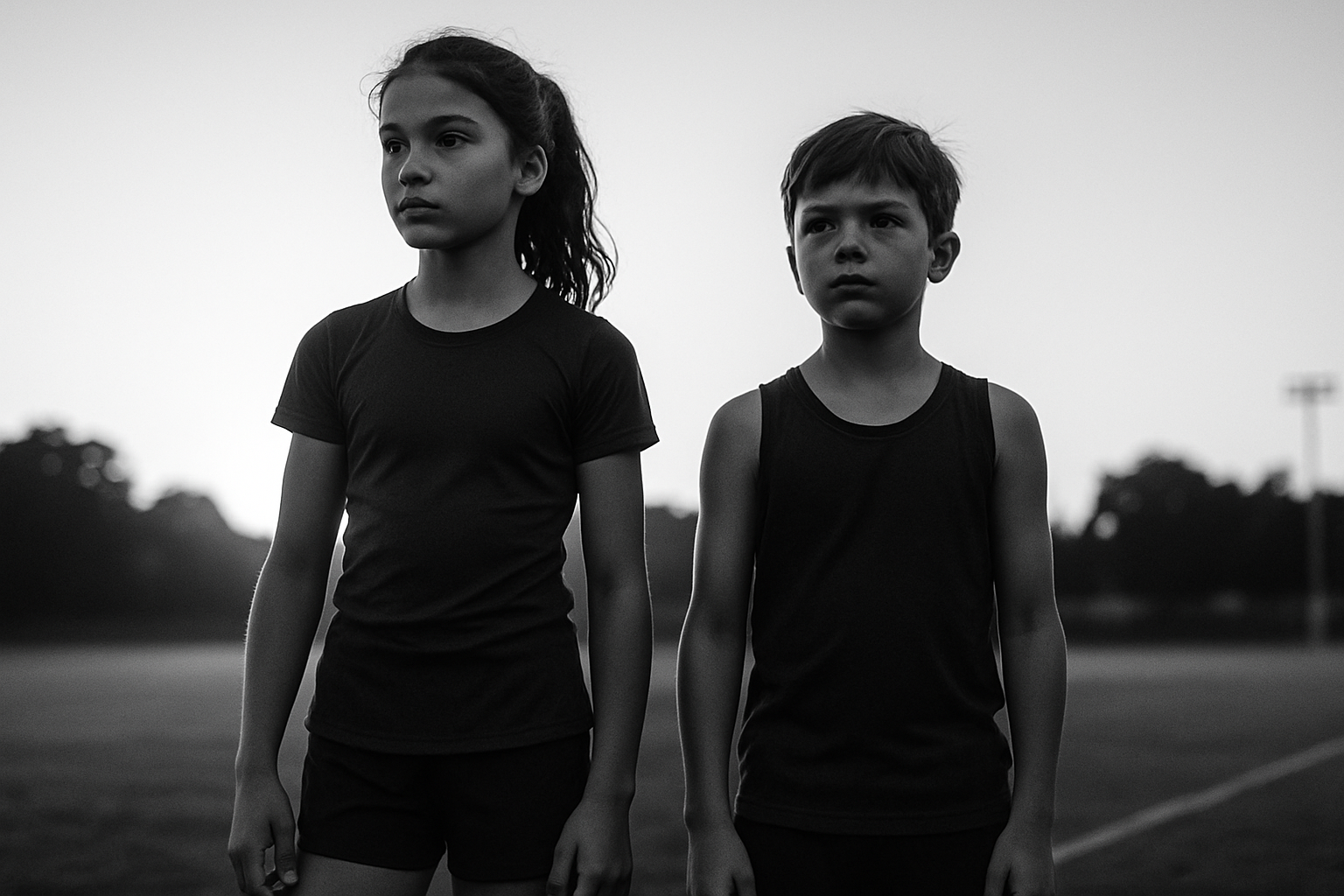 Black and white photo of a young girl and boy standing outdoors on a sports field, looking serious, wearing athletic clothing.