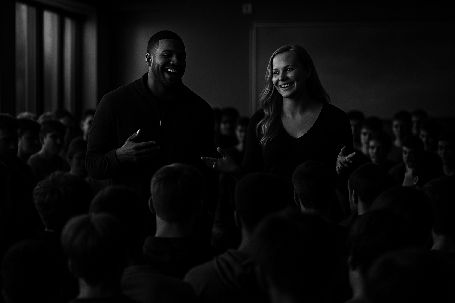 Black and white photo of two smiling adults, one man and one woman, speaking and engaging with an audience of children in a room.