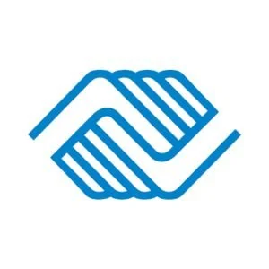 Blue logo of two stylized hands shaking.