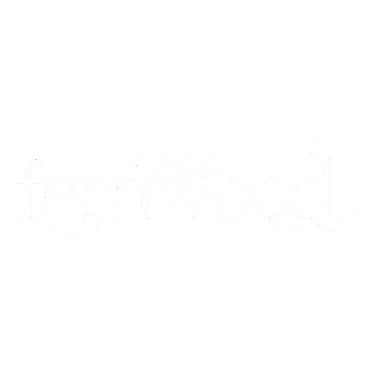 The word "ferrwood" written in white ornate lettering on a black background, with a bird perched on the letter "d" and decorative flourishes around the text.
