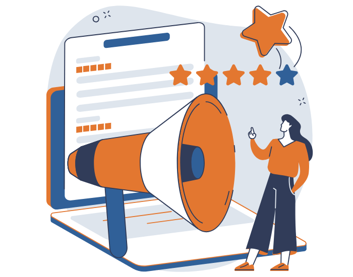Illustration of a person standing next to a large megaphone in front of a webpage with a star rating system, representing online reviews or marketing.