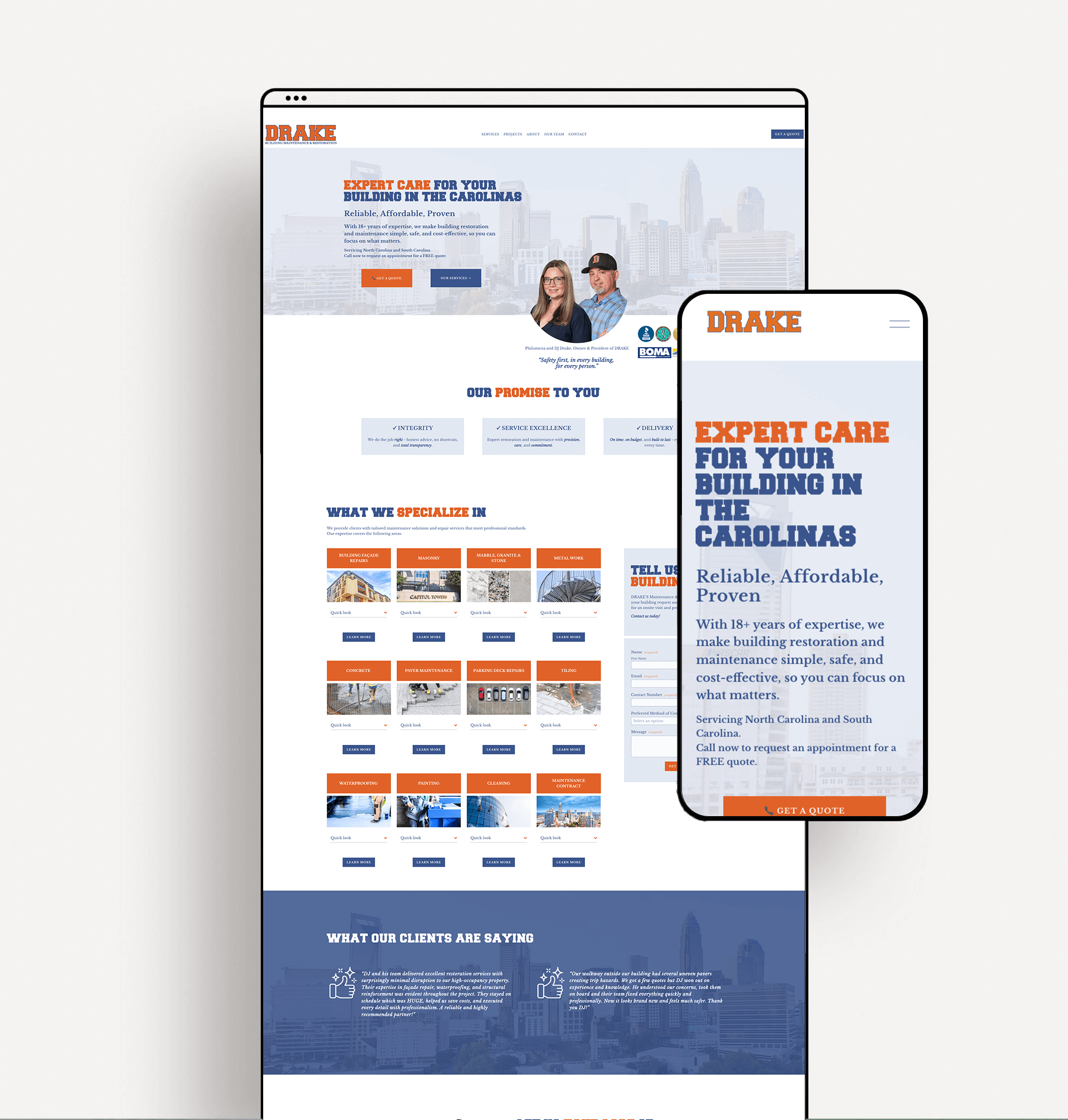 Screenshot of a website displayed on a desktop and a mobile device for a construction or building restoration company called Drake. The website highlights expertise in building restoration in North Carolina and South Carolina, with sections about services, specialties, client testimonials, and a call-to-action button to get a quote.