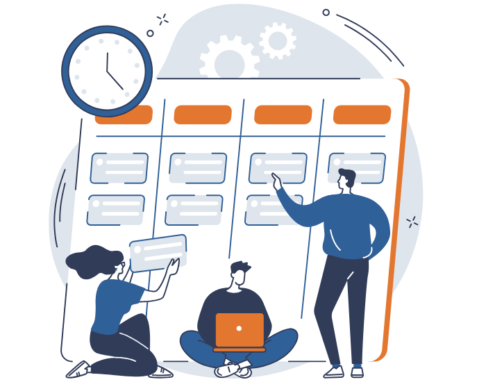 Illustration of a team planning with a large schedule on a board, a clock, and gears in the background. One person is sitting with a laptop, another is sitting and looking at the schedule, and a third is standing and pointing at the schedule. The color scheme is blue, white, and orange.