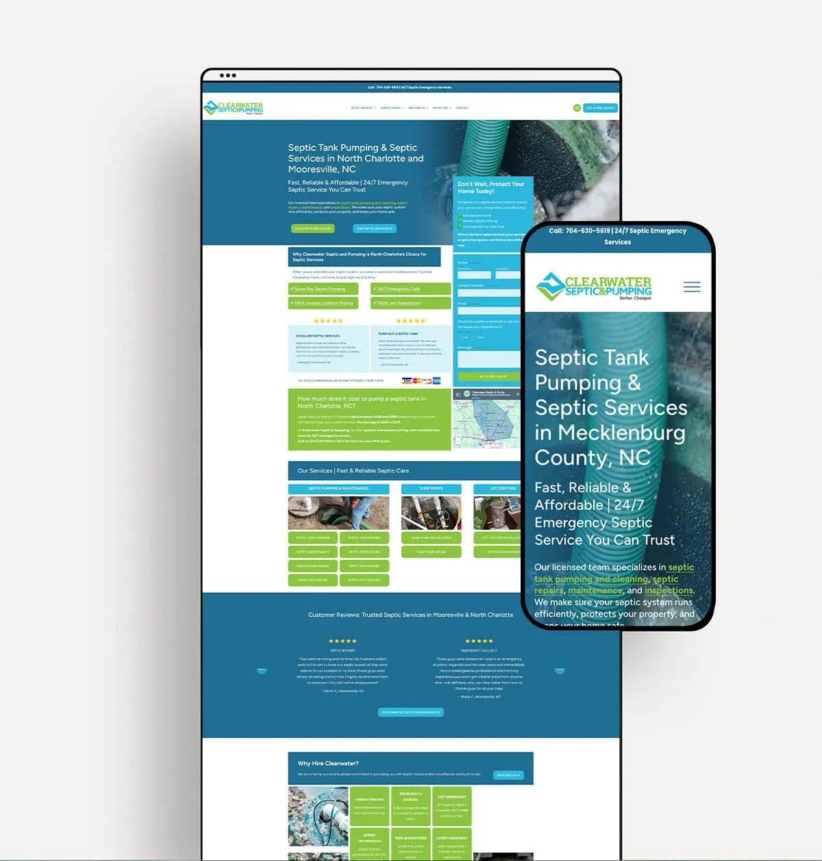 Web Design of Clearwater Septic by Noda Web Design showing laptop and mobile