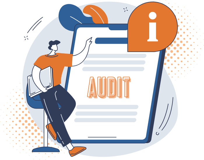 Illustration of a person sitting on a chair, pointing at a large tablet screen with the word 'AUDIT' and an information icon.