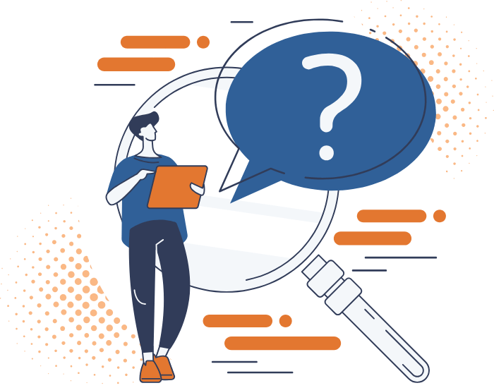 Illustration of a person holding a clipboard with a large speech bubble containing a question mark, and a magnifying glass pointing towards the speech bubble.