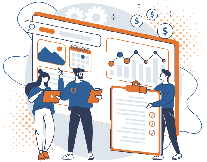 Illustration of three people analyzing data on a large digital screen with graphs, charts, and dollar signs, using tablets and a clipboard.
