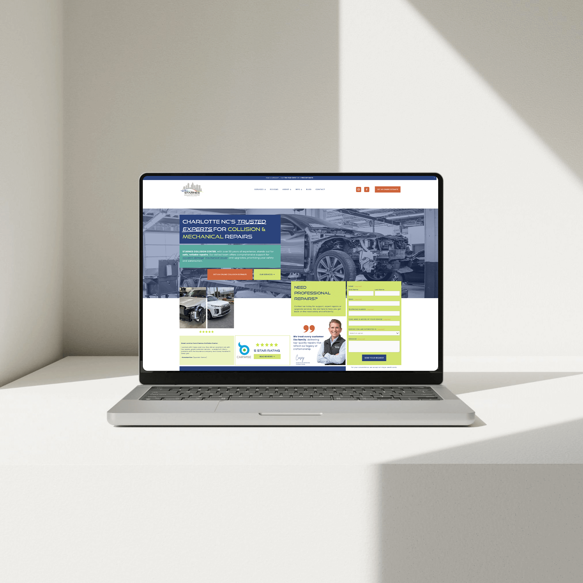 Image of Starnes Collision Center website on laptop
