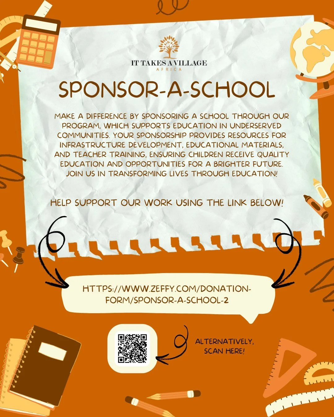 📚✨ Education transforms lives &mdash; and you can be the spark.
Through our Sponsor A School program, your support provides underserved schools with essential resources: upgraded infrastructure, learning materials, and teacher training.

🎒 Every ch