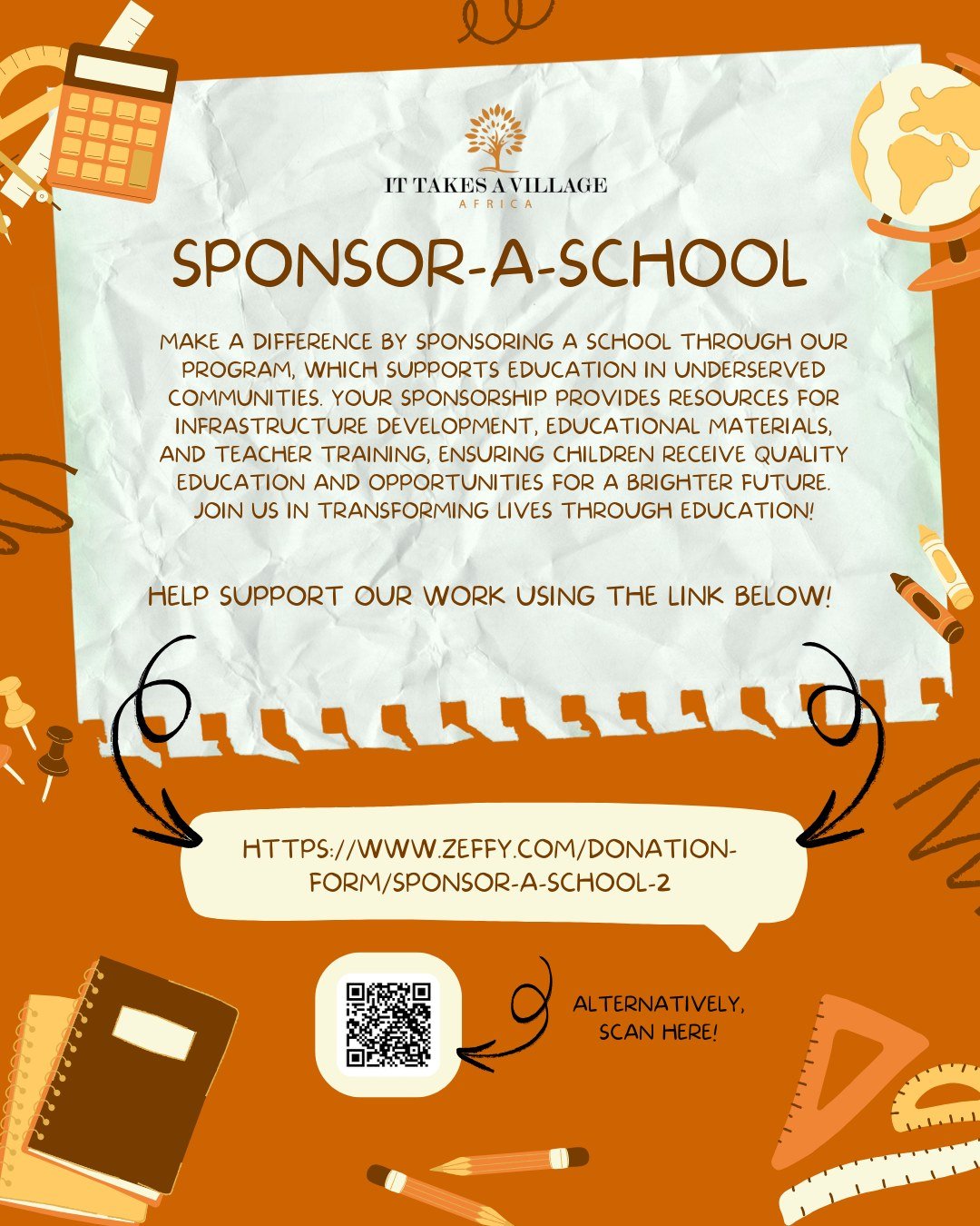 📚✨ Education transforms lives &mdash; and you can be the spark.
Through our Sponsor A School program, your support provides underserved schools with essential resources: upgraded infrastructure, learning materials, and teacher training.

🎒 Every ch