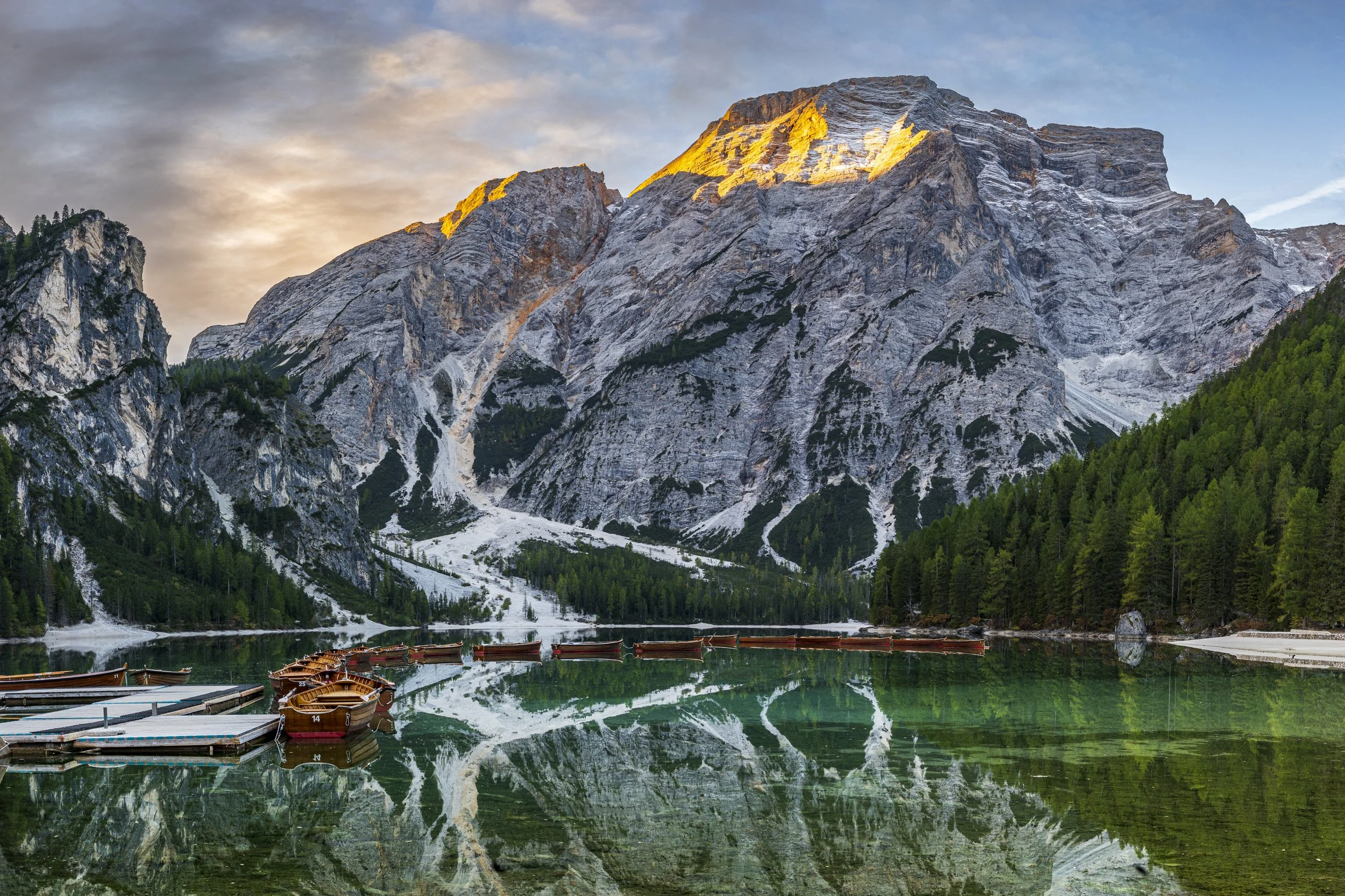 First Light – Lago di Braies.  Panoramic format (90 × 42 cm / 35.5 × 16.5 inch)