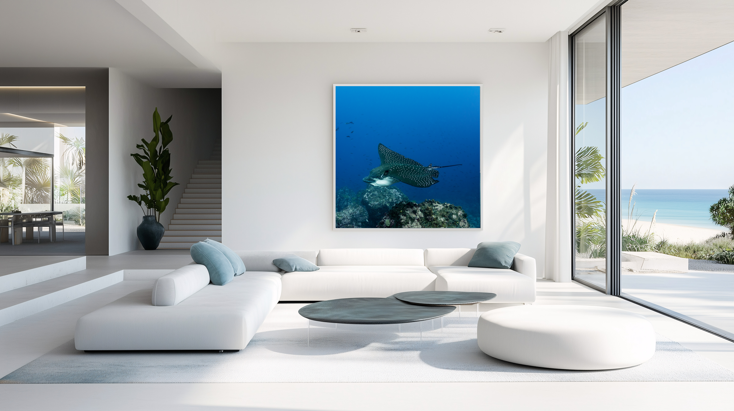 Modern living room with white sofa, black coffee tables, blue pillows, large ocean view through sliding glass doors, and underwater fish painting on white wall.