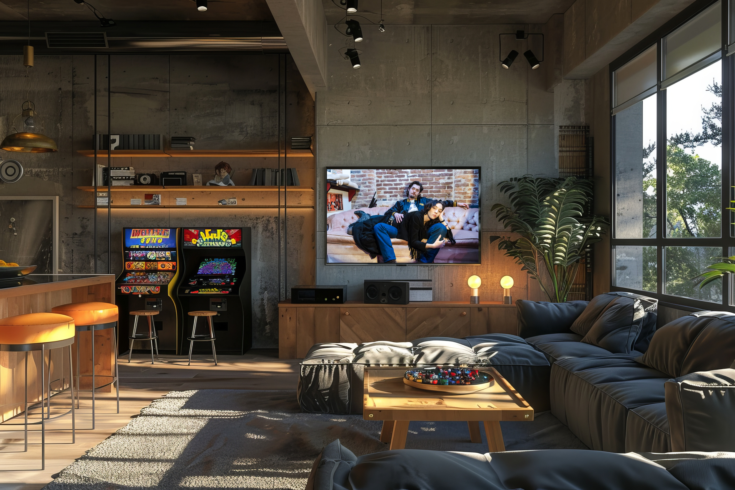 Modern living room with large windows, leather sofa, and a flat-screen TV showing a couple sitting on a couch. There are two small lamps on the wooden cabinet, a large potted plant near the window, a coffee table with a tray of small objects, and a vintage arcade game behind the sofa. The room has an industrial style with concrete walls and ceiling with track lighting.