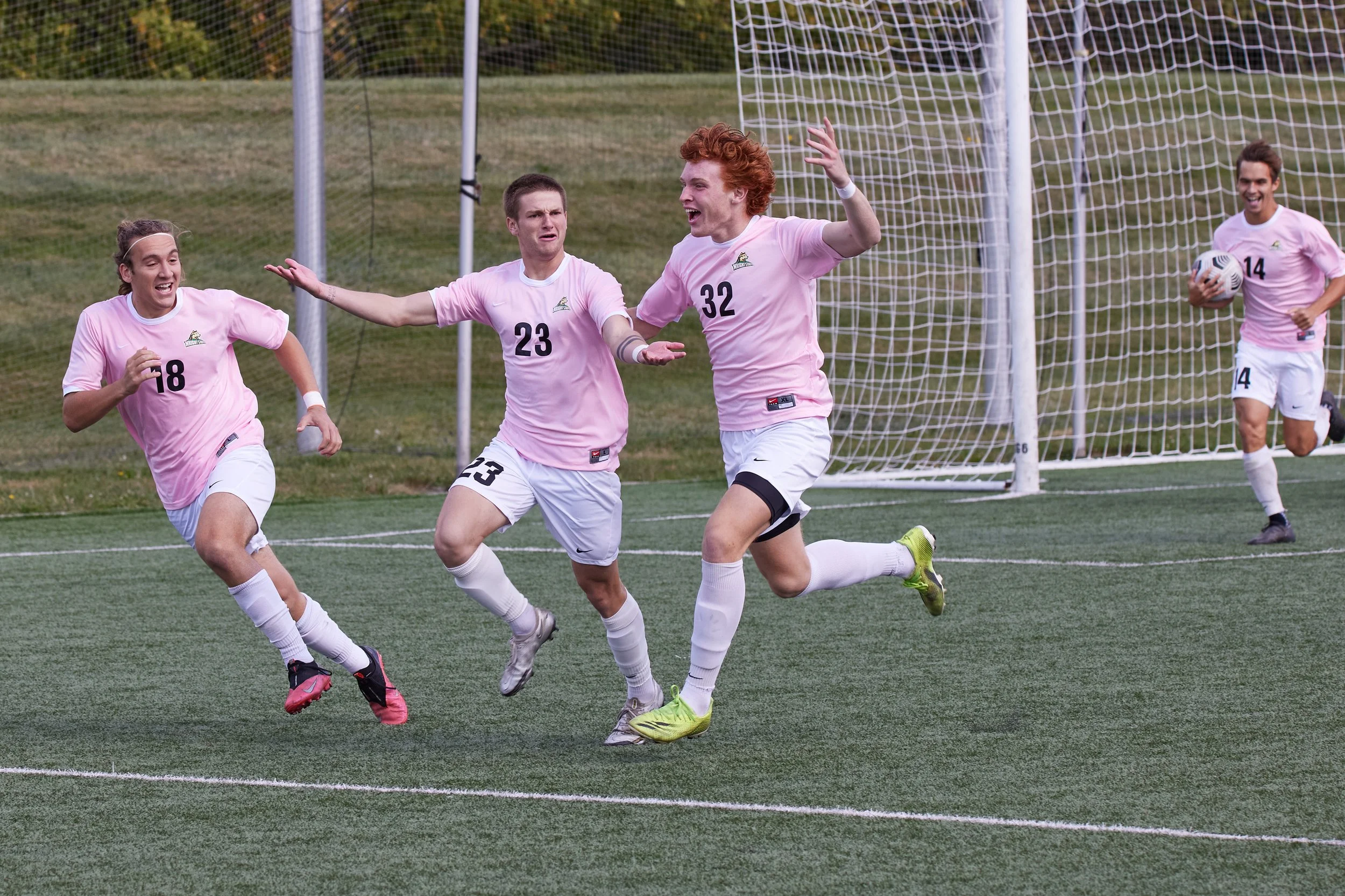 Group of four soccer players in pink jerseys celebrating a goal on a soccer field.