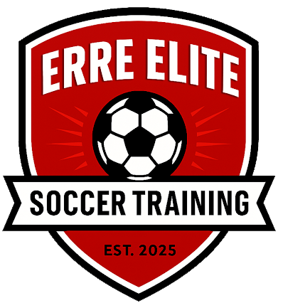 Logo for Erre Elite Soccer Training featuring a red shield with black and white border, a soccer ball at the center, and text indicating the name, focus on soccer training, and establishment year 2025.