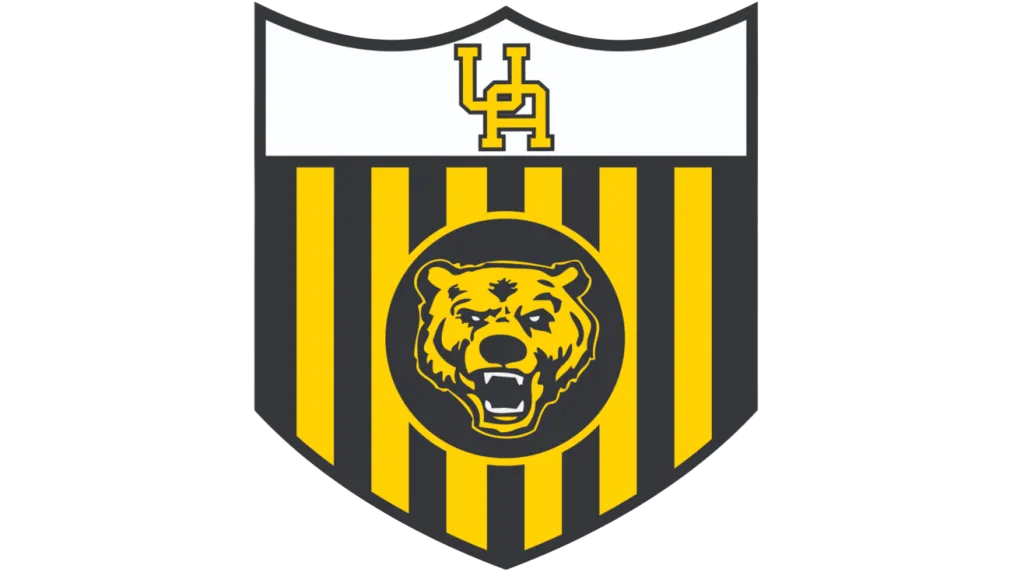 Sports team logo with a bear's head inside a shield, black and yellow stripes, and a white top section with a yellow interlocked 'U' and 'H'.