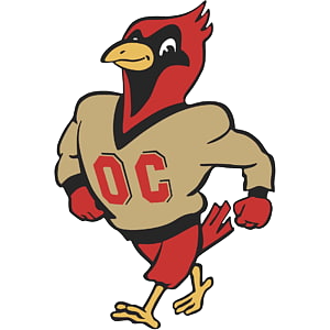 Cartoon cardinal bird wearing a beige hoodie with red letters 'OC', standing with hands on hips, smiling.