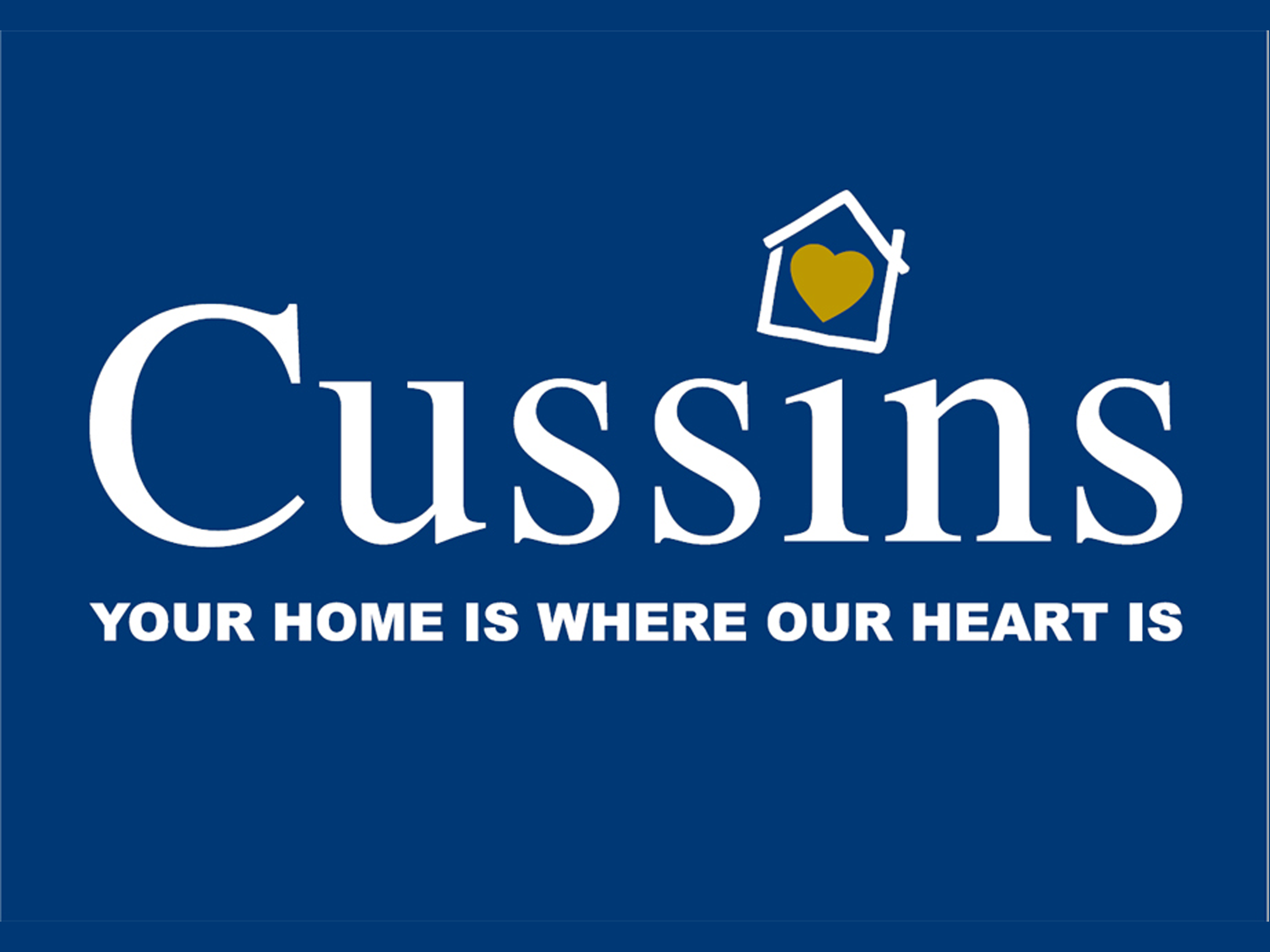 Logo for Cussins with the slogan "Your home is where our heart is" on a blue background, featuring a house icon with a gold heart.