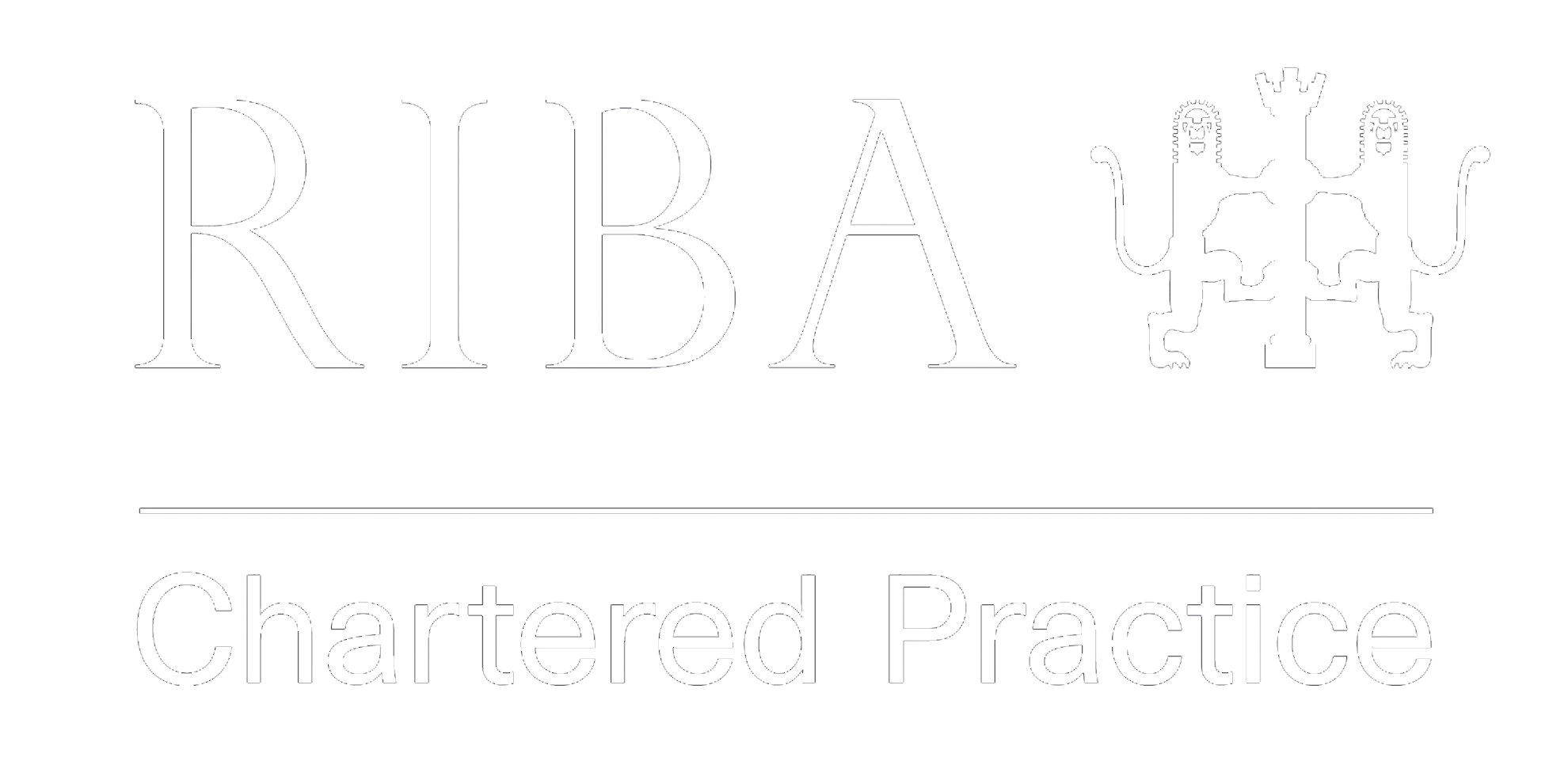 Black background with white text displaying the word 'RIBA', a stylized lion and castle emblem, and the words 'Chartered Practice' below a horizontal line.