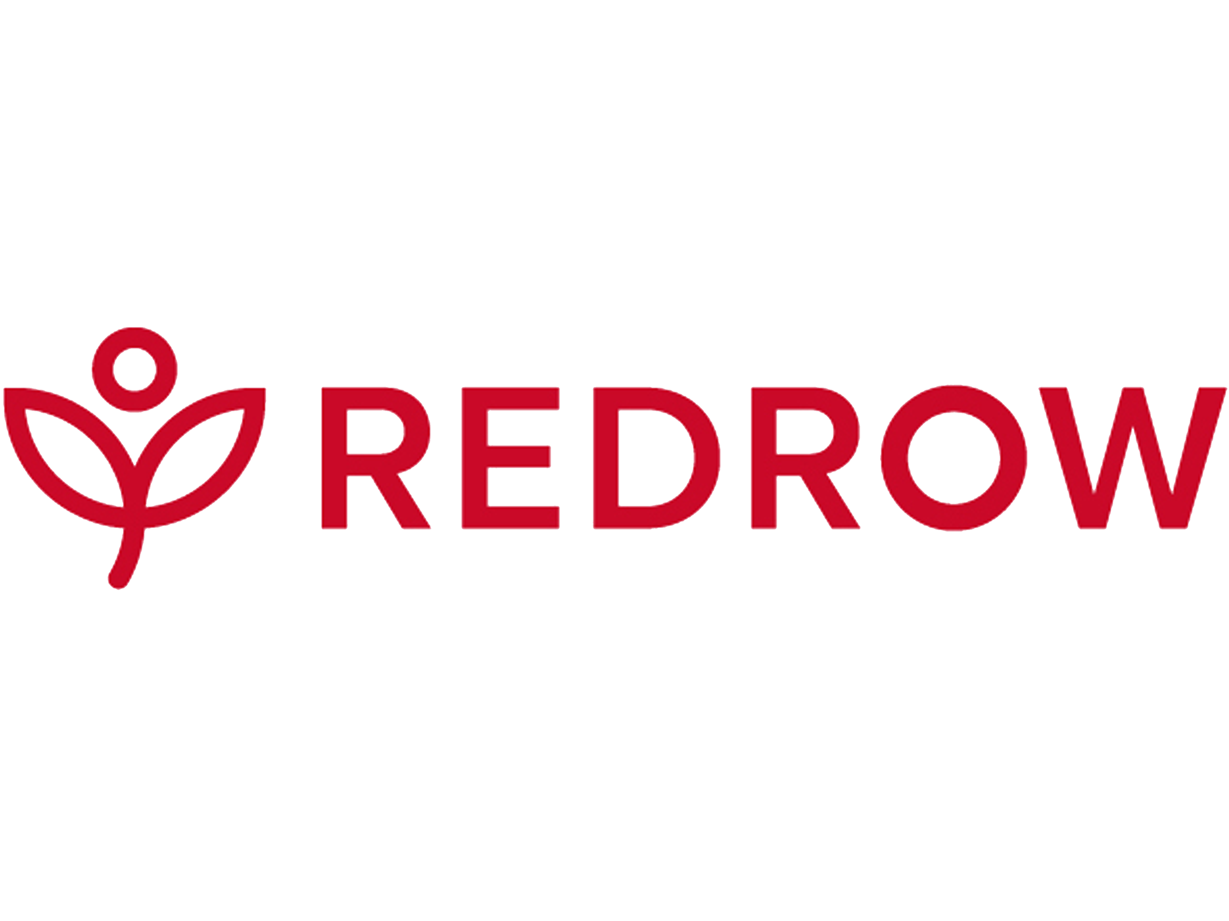 A logo with a red outline of a plant with two leaves, next to the text 'REDROW' in red capital letters, on a pink background.