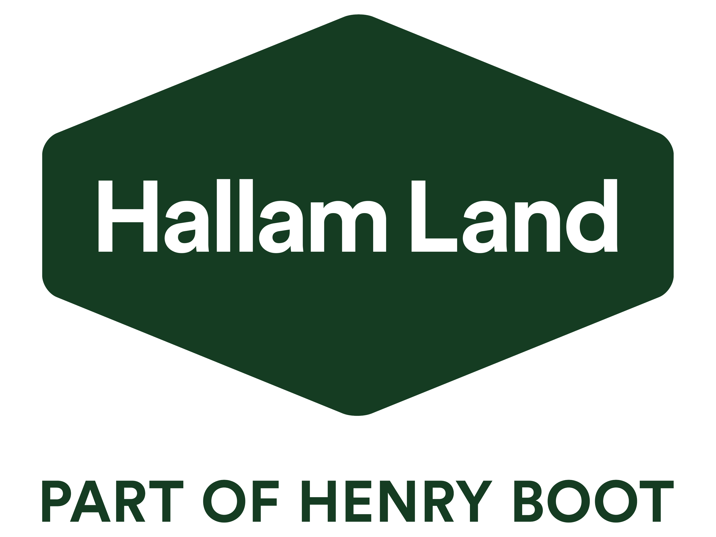 A green sign resembling a road sign with the text 'Hallam Land' in large white letters; below, in smaller white text, 'Part of Henry Boot'.