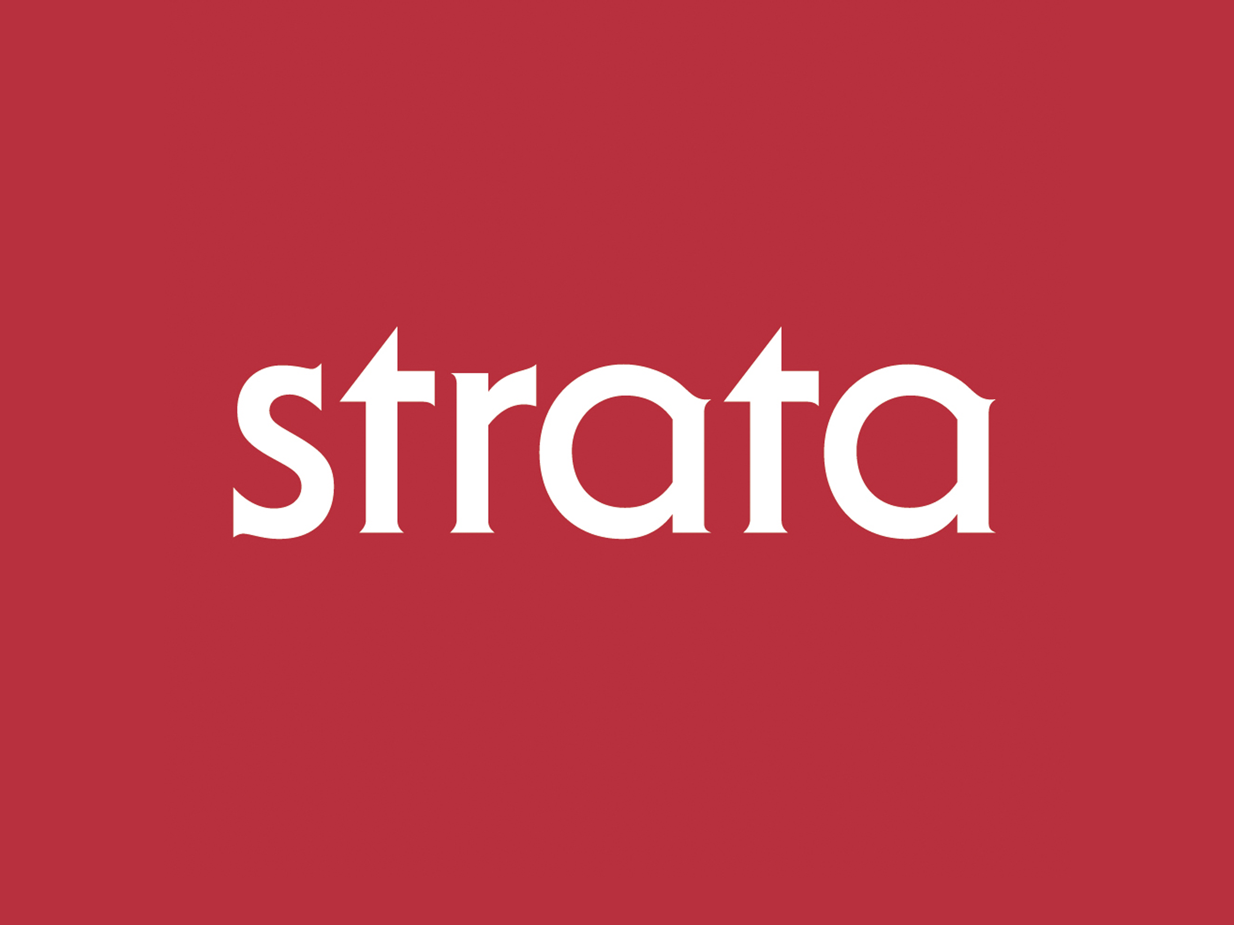 The word 'strata' in white lowercase letters on a red background.